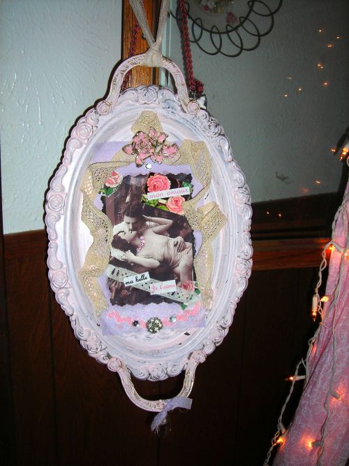 valentine to myself ... french amor collage. used an old silver platter, vintage photo and bling.