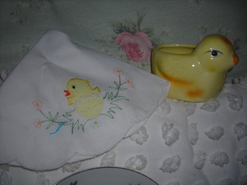 ohmygawd sweet chickies, on a linen and a little planter or votive holder (??). VERY precious! from cindy's